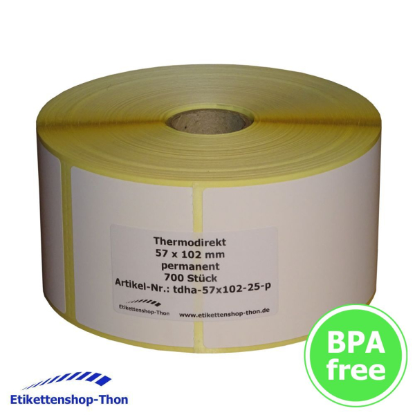 Thermodirekt - Haftetiketten auf Rolle mit Perforation - 57 x 102 mm - 700 Stück - Hülse 25 mm - permanent haftend - weiß - außen